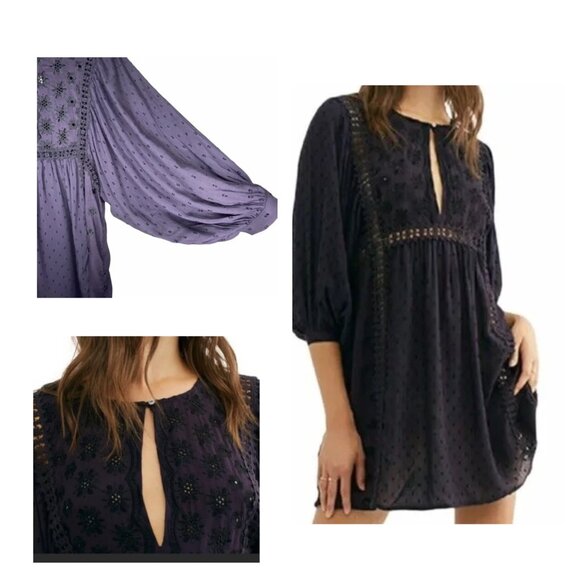 FREE PEOPLE XS Deep Plum Charlotte Tunic Modal Viscose Boho Mini Dress - Picture 1 of 11